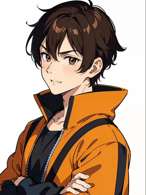 a male boy anime character giving a smug face, brown hair, black eyes, orange jacket, close up on face, white background, standing, arms crossed