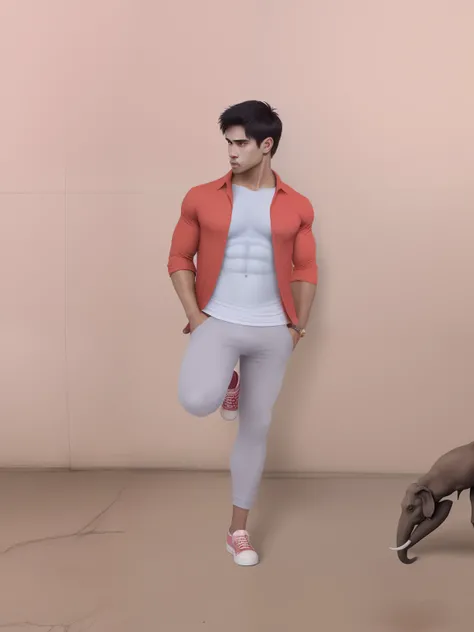 change background,add six pack body, realistic face,change shirt and phant,add shoes,