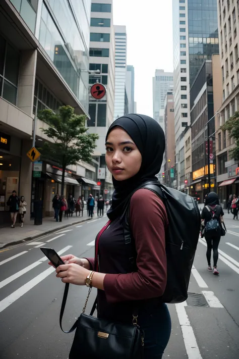 Photograph a Malay girl in hijab as she navigates the urban jungle, confidently commuting to work or school, showcasing her modern lifestyle in the heart of the city.