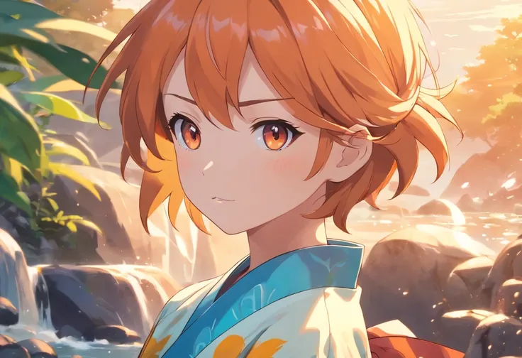 misty from pokemon, wears a yukata, medium close up shot, stunning, orange hair colour