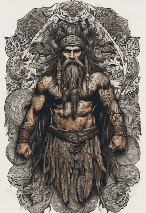 scraggly shirtless tattooed viking shaman