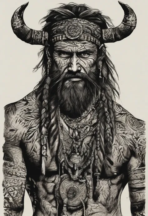 scraggly shirtless tattooed viking shaman