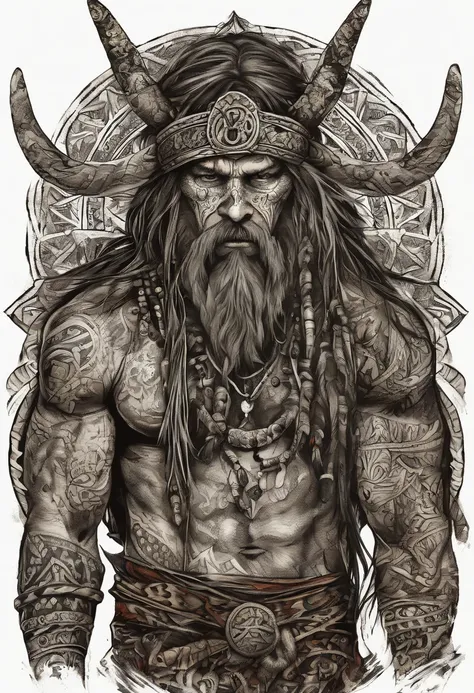 scraggly shirtless tattooed viking shaman