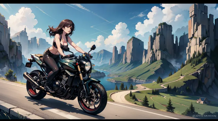 A beautiful woman is on her motorcycle on the road on a trip in a wonderful country, a sunny day, intricate details, soft light, dynamic composition, panoramic view, high definition, high resolution, anime style