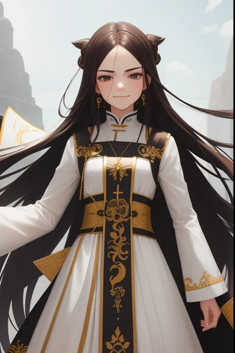 NSFW, obra-prima, melhor qualidade, ultra-detalhado, semi-realista, detailedfacialfeatures, 1st grade, cabelo negro, cabelo longo sedoso, Olhos vermelhos, Wearing old Hunfa Xianxia clothes standing on top of a hill holding a sword, wry smirk, cheia de segu...