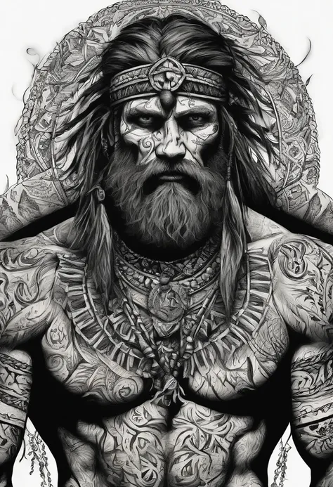 scraggly shirtless tattooed viking shaman, no beard