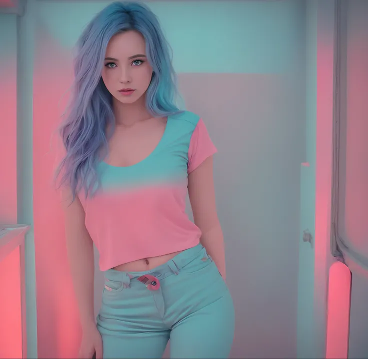 Mulher loira com cabelo rosa posando em um quarto com luzes neon, rosa e azul, menina cor-de-rosa, alexa grace, azul e rosa, cinematic pastel lighting, ava max, rosa e azul neon, Cores rosa e azul, algum rosa, Amouranth, menina cyberpunk sonhadora, Ross Tr...