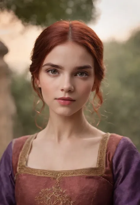 Realistic photo, Uma foto realista de 15yo mulher medieval adulta rainha usando um vestido roxo, red hair, castelo medieval, olhos azuis, nariz perfeito, Rosto redondo, sobrancelha reta,(1girl), (extremamente detalhado CG unidade 8k papel de parede), foto ...