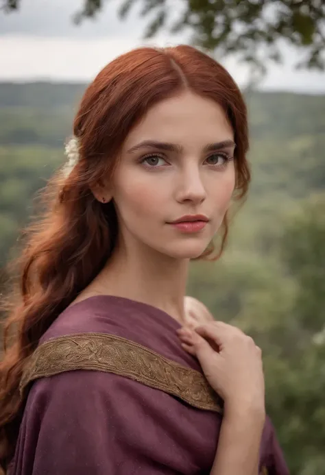 Realistic photo, Uma foto realista de 15yo mulher medieval adulta rainha usando um vestido roxo, red hair, castelo medieval, olhos azuis, nariz perfeito, Rosto redondo, sobrancelha reta,(1girl), (extremamente detalhado CG unidade 8k papel de parede), foto ...