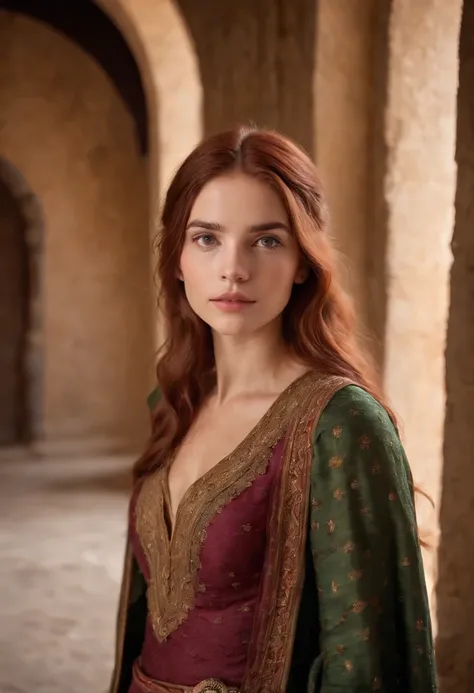 Realistic photo, Uma foto realista de 15yo mulher medieval adulta rainha usando um vestido roxo, red hair, castelo medieval, olhos azuis, nariz perfeito, Rosto redondo, sobrancelha reta,(1girl), (extremamente detalhado CG unidade 8k papel de parede), foto ...