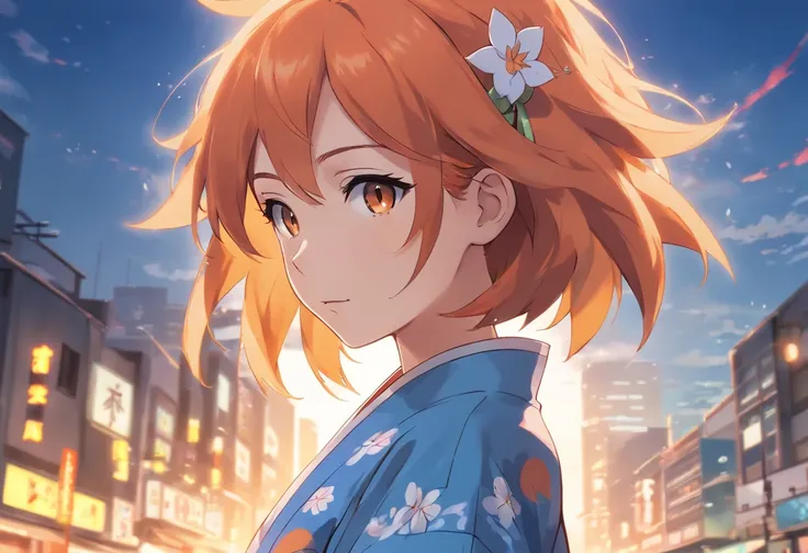 misty from pokemon, wears a yukata, medium shot, stunning, orange hair colour