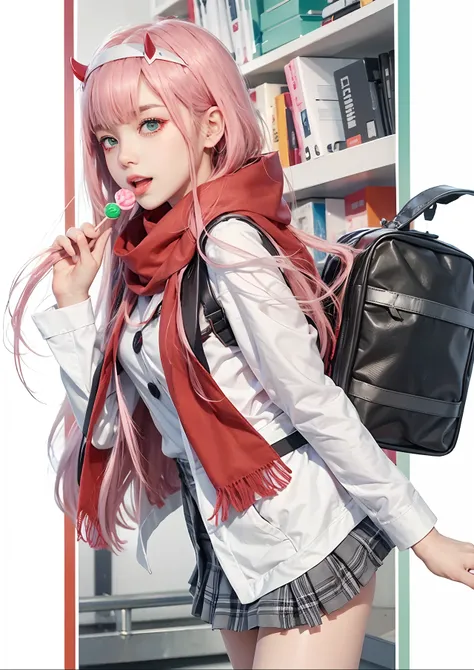 zero two (darling in the franxx), food, scarf, red scarf, candy, bag, lollipop, horns, school bag, pink hair, hairband, white hairband, long hair, school uniform, holding food, bag charm, plaid, holding, skirt, plaid skirt, open mouth, holding candy, looki...