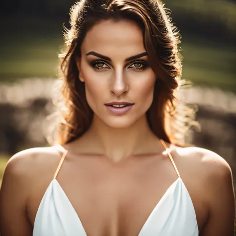 closeup portrait of a young sexy Ukrainian woman with revealing Fit and flare dress in Spa retreat , symmetrical face,  Outdoor lighting, Brooding atmosphere, sharp eyes