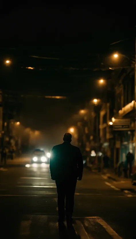 photograph taken at midnight of a large man standing, viewed from behind, observing an intersection (((encruzilhada de terra: 1.59))) entre 2 ruas rurais de terra.  ao redor de cercas de arame e pastagem.  the sky is clear and starry.  cinemactic