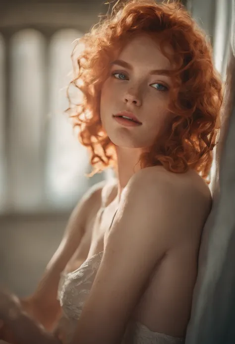 Top quality, (bright lighting: 0.7), masterpiece, big angle shot, RAW photo (pale 22-year-old Irishwoman, looking up at the viewer), cute, (undressed, disheveled, with bright red matted hair), (sitting), full-length portrait, perfect face, captivating eyes...