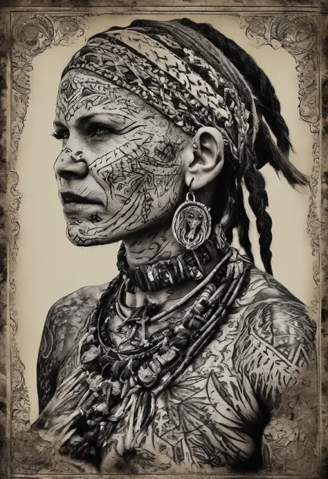 bald scraggly shirtless tattooed female viking shaman, has facial tattoos