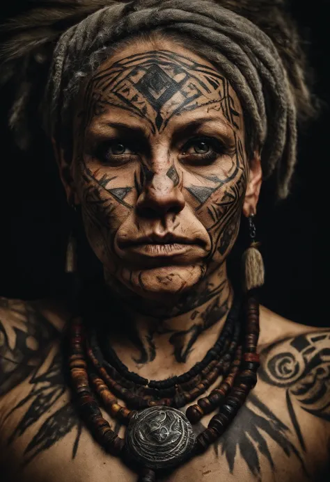 bald scraggly shirtless tattooed female viking shaman, has facial tattoos