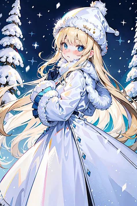 thick clothes,Fluffy clothes,beige gloves,light blue clothes,white skin,blue eye, blond long hair,snow scene,snowing,nose blush,leaning forward,fluffy hat,dead tree,fantastic background,Majestic atmosphere,standing in the center,from_side,