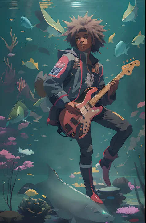 Theres a man with a guitar in a fish tank, No estilo de Ross Tran, Estilo Ross Tran, inspirado em Jeremy Chong, Ross Tran 8 K, Android Jones e Atey Ghailan, shark and guitar, Atey Ghailan 8 K, Concept Art Digital Illustration, arte conceitual da guitarra, ...