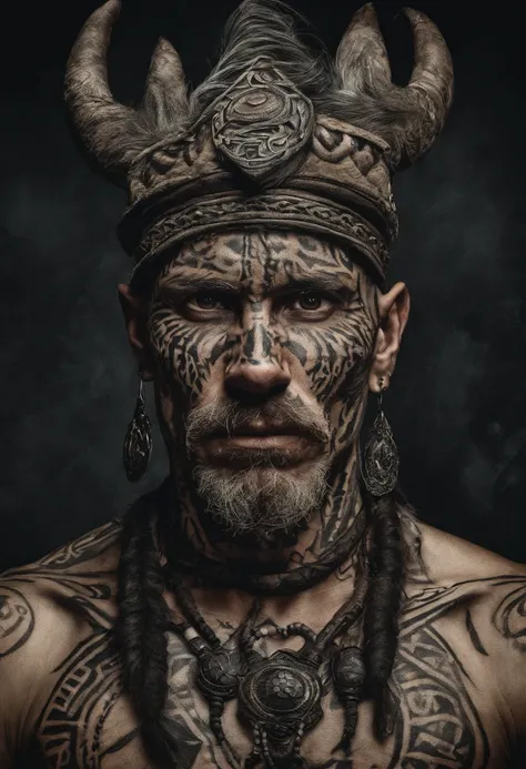 bald scraggly shirtless tattooed androgynous viking shaman, has facial tattoos