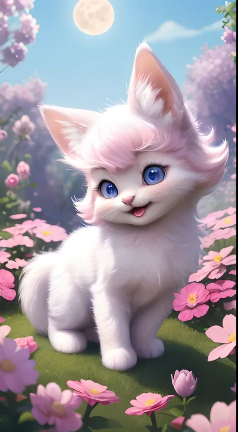 A kitten with a tiny tail, a small nose, small ears, blue eyes, pink background, flowers, vases, dreams, open mouth, smile, Caroline Chariot-Dayez pastels, tumblr, furry art, elokitty, Disneys Bambi cat, Disneys stylized furry, ears floating, fluffy tail, ...