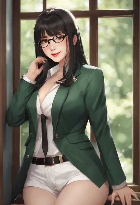 beautiful, (best quality, master piece, super detailed, pretty face, gorgeous face, full body, perfect composition, perfect lighting) Use advanced machine learning to create a teenage woman, long black hair, bangs, glasses, erotic smile, (Backstory: focus ...