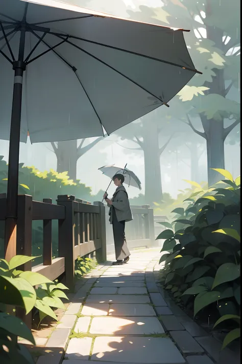 Boy with big eyes ,Light gray tones on rainy days ,Pleasant and homely atmosphere ,paths ,parks,Light rain ,Path umbrella，,White space at the top of the frame , wide angles ,Natural light ,Movie light , Flat illustration ,Cartoon style ,Dappled light ,supe...