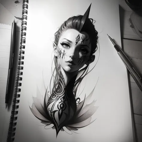 Create a surrealist pencil engraving style drawing for vertical tattoo