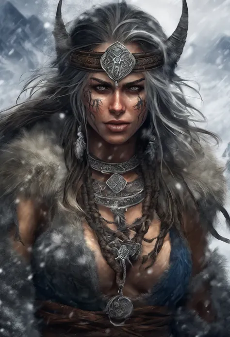 (best quality,4k,8k,highres,masterpiece:1.2),ultra-detailed,(realistic,photorealistic,photo-realistic:1.37),white haired scraggly tattooed female viking shaman,has blue glowing tattoos,illustration,ancient,fierce expression,weathered face,blue war paint,bo...