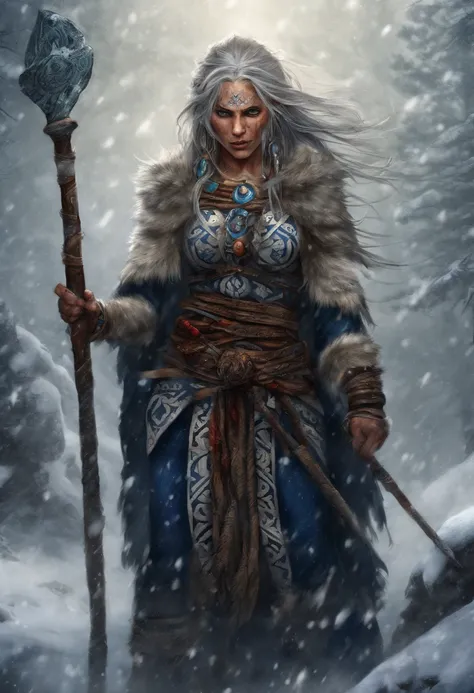 (best quality,4k,8k,highres,masterpiece:1.2),ultra-detailed,(realistic,photorealistic,photo-realistic:1.37),white haired scraggly tattooed female viking shaman,has blue glowing tattoos,illustration,ancient,fierce expression,weathered face,blue war paint,bo...