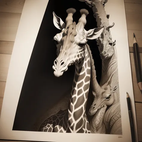 Create surrealistic pencil drawing of a tree-headed giraffe