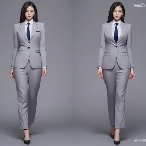 (Presidential Secretary:1.5)、(Gray formal suit:1.4)、(Single body full body diagram:1.3)、Beautuful Women、Beautiful、((top-quality、8K、​masterpiece:1.3))、