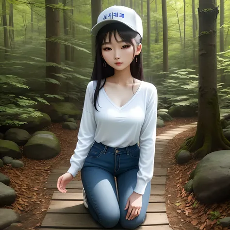 Asian woman kneeling in the middle of the woods，Wearing a hat and blue skinny jeans, Open V chest clothes, Gorgeous young Korean woman, Beautiful Asian girl, Sexy girl, beautiful Korean women, young and cute girl, Korean girl, Good young girl, Beautiful yo...