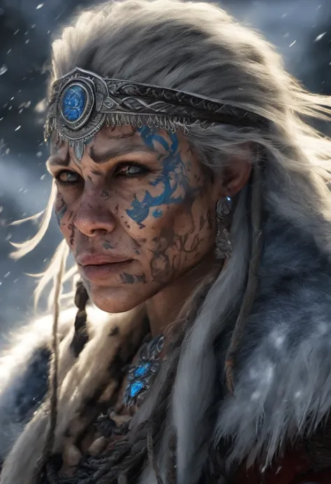 (best quality,4k,8k,highres,masterpiece:1.2),ultra-detailed,(realistic,photorealistic,photo-realistic:1.37),white haired scraggly tattooed female viking shaman,has blue glowing tattoos,illustration,ancient,fierce expression,weathered face,blue war paint,bo...