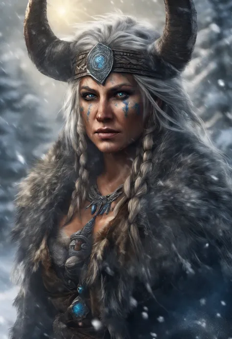 (best quality,4k,8k,highres,masterpiece:1.2),ultra-detailed,(realistic,photorealistic,photo-realistic:1.37),white haired scraggly tattooed female viking shaman,has blue glowing tattoos,illustration,ancient,fierce expression,weathered face,blue war paint,bo...