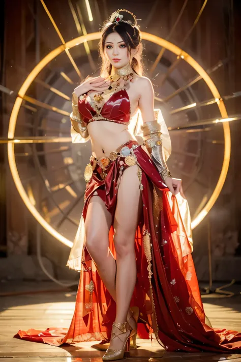 a woman in a red dress poses in front of a large round lamp, gorgeous role play, glamourous cosplay, she is dressed as a belly d...