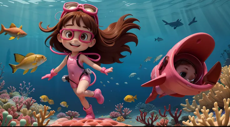 Frontal image of a 5-year-old girl standing, happy, with brown hair, brown eyes, rosy cheeks, arms spread apart, legs apart, wearing diving goggles, pink diving suits, diving gloves, and diving shoes, underwater among corals and fish, in the style of a chi...