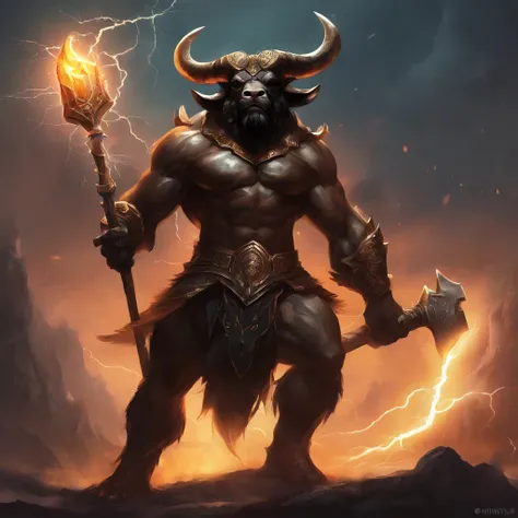 (Black minotaur struck by lightning:1.5)，One with an ax（Minotaur monster：1.8），Standing cow with an axe，Painful expression，(The minotaur raised its head and roared into the sky:1.8)，funk，shudder，Gothic，baroque，（The arc was released from the female mages han...