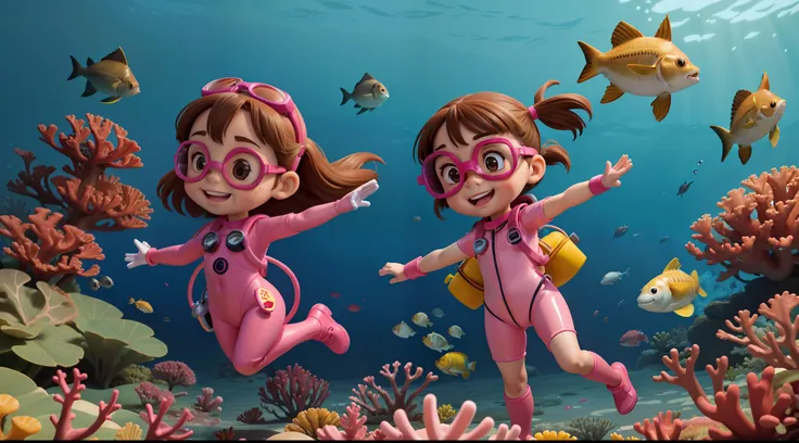 Frontal image of a 5-year-old girl standing, happy, with brown hair, brown eyes, rosy cheeks, arms spread apart, legs apart, wearing diving goggles, pink diving suits, diving gloves, and diving shoes, underwater among corals and fish, in the style of a chi...