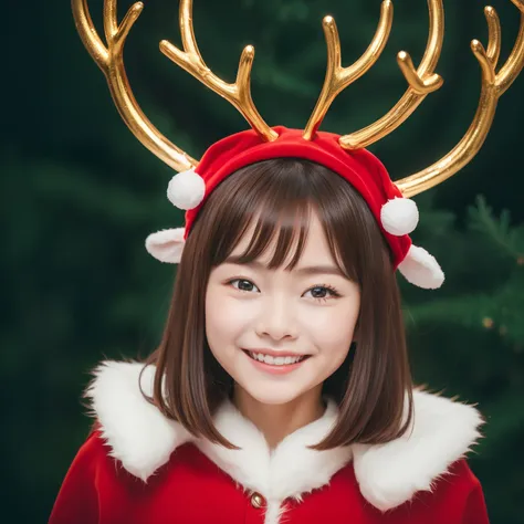 Christmas、Cute reindeer headgear、6years old、a smile、((top-quality、8K、​masterpiece:1.3))、