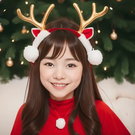 Christmas、Cute reindeer headgear、6years old、a smile、((top-quality、8K、​masterpiece:1.3))、