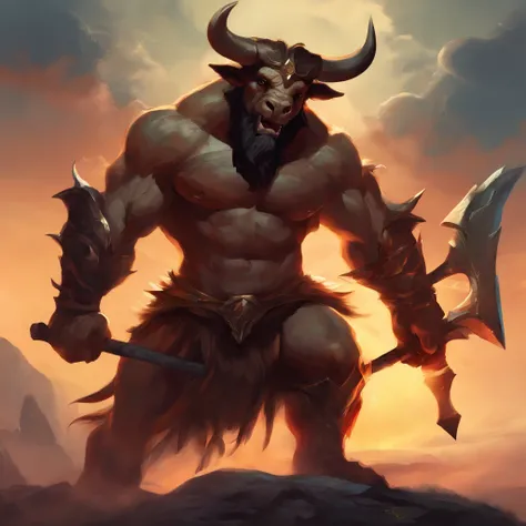 Struck by lightning(Black minotaur:1.5)，（A monster with a minotaur with a tomahawk：1.8），sense of strength，Standing cow with an axe，Painful expression，(The minotaur raised its head and roared into the sky:2)，funk，shudder，Gothic，baroque，（The arc was released...