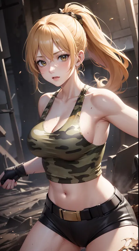 ((Finest quality)),(超A high resolution),(ultra-detailliert),sharpnes,Clair,Art with astounding depictions,Dynamic poses where the whole body is visible, ((1 Female Combat,flaxen ponytail),Camouflage pattern tank top,perspiring,Body dirty with mud)