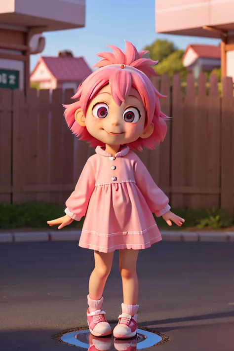 kid girl sakura, cartoon, approximately 5 years old, small girl, chibi style, big eyes, cute smile, pink hair, stylized, bright colors, full body image, shes in doubt, reflective, when asking questions, sad, reflective, confused, waiting for a response, wa...