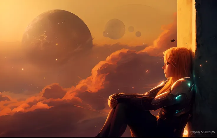 anime girl sitting on a ledge looking at  the sky, powerful woman sitting in space, beautiful sci fi art, sci-fi fantasy wallpaper, sitting on the cosmic cloudscape, sci fi art, sci fi epic digital art, sci-fi digital art, scifi art, sci fi artwork, dark s...