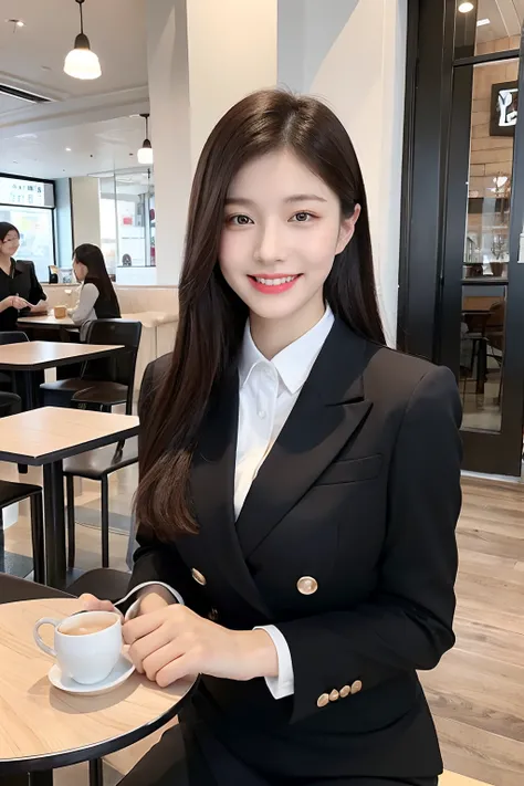 (8K, RAW Photos, Highest Quality, masutepiece: 1.2). (Realistic, Photorealistic: 1.37), Beautiful girl in business clothes sitting in crowded café, Holding a coffee cup. Sit down and chat、Surrounded by many people having fun. Girls look very confident and ...