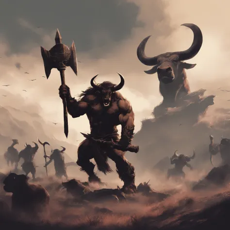 Struck by lightning(Black minotaur:1.5)，（A group of monsters with minotaurs with tomahawks：1.8），sense of strength，Standing cow with an axe，Painful expression，(The minotaur raised its head and roared into the sky:2)，funk，shudder，The current spreads around，M...