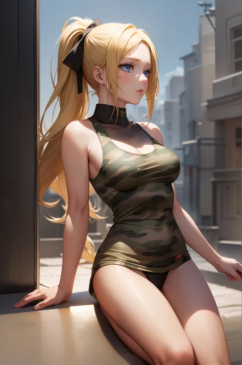 ((Finest quality)),(超A high resolution),(ultra-detailliert),((surrealistic)),sharpnes,Clair,Art with astounding depictions,(full body seen), (1人の女性,flaxen ponytail,),Camouflage pattern tank top