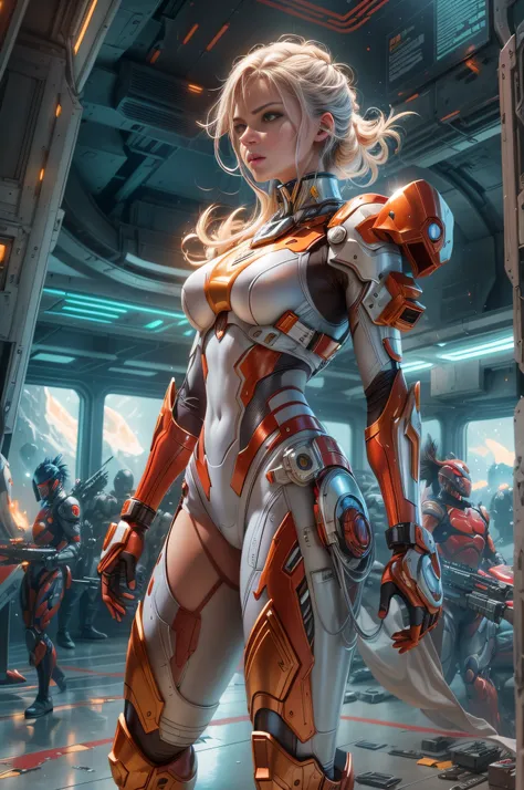 (very artful creative action masterpiece with ultra high details in highest quality,) Beautiful young slim girl in sexy slimntight light red-golden battle-suit with light silver armor, cinematic poster style, she is shooting plasma blast-bullet salves with...