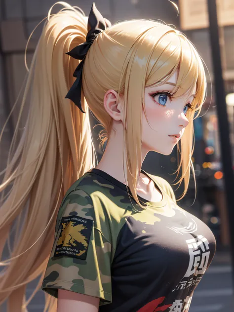 ((Finest quality)),(超A high resolution),(ultra-detailliert),((surrealistic)),sharpnes,Clair,Art with astounding depictions, (1人の女性,flaxen ponytail),Camouflage T-shirt